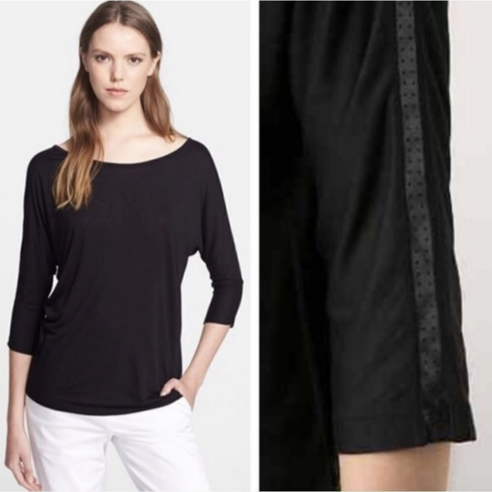 Vince Black Faux Leather Trim Perforated Dolman Sleeve Top Size Small